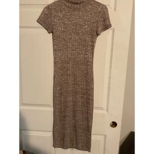American Dream Womens Ribbed Mock Neck Bodycon Midi Dress Taupe Marled Small
